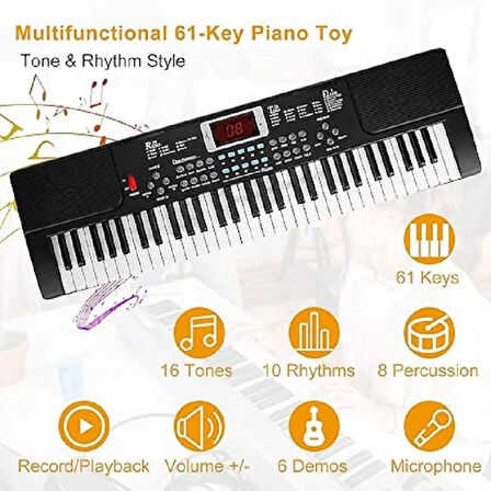 TechTic  BD-602 Elektronik Klavye Org Piyano Mikrofonlu Pilli Adaptörlü Başlangıç İçin 61 Tuşlu 