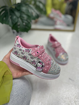 Günlük Kız Çocuk Sneaker Püskül Detaylı Oval Simli Burun Desenli Bağcıklı Cırtlı Spor Ayakkabı  4004