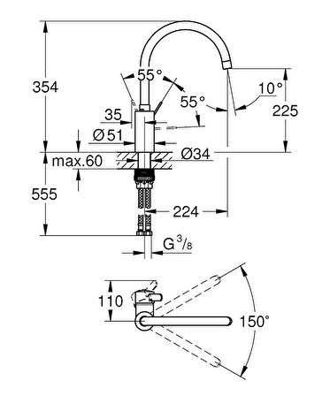 Grohe Eviye Bataryası Döner Borulu Eurosmart Cosmo Krom- 32843002