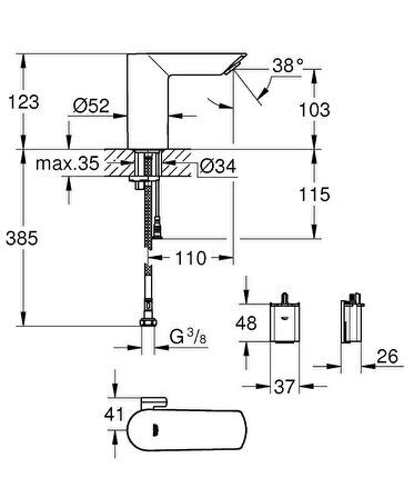 Grohe Bau Cosmo. E Fotoselli, Çift Su Girişli Lavabo Musluğu Pilli-36451000