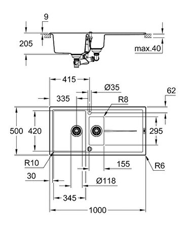 Grohe K400 Kuvars Komp. Eviye 60 -C 100/50, Granit Siyah-31642AP0