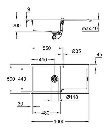 Grohe Eviye K500 Kuvars Kompozit 100 cm Granit Gri - 31645AT0