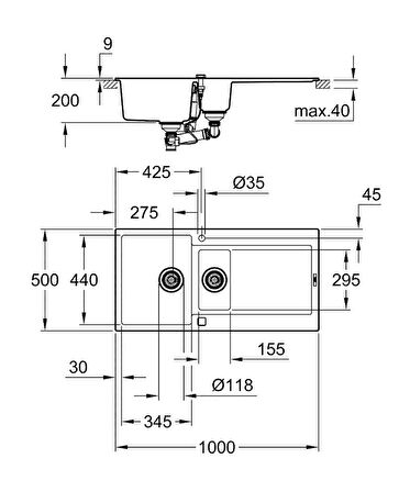 Grohe K500 Kuvars Kompozit Eviye 60 -C 100/50, Granit Siyah Rengi - 31646AP0