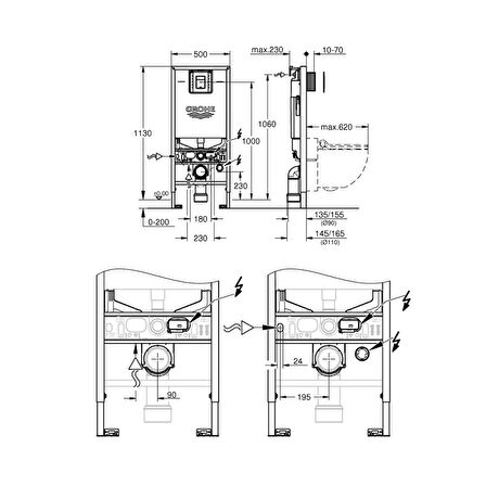 Grohe Rapid Slx 3'Ü 1 Arada Wc Gömme Rezervuar Seti, 1.13 M Montaj Yüksekliği - 39603000