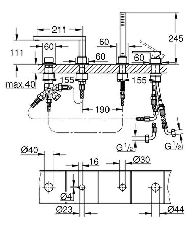 Grohe Küvet Bataryası 4 Delikli Plus Krom - 29307003