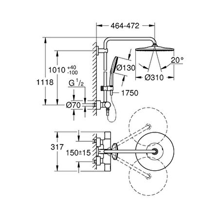 Grohe Rainshower Smartactive 310 Duvara Monte Termostatik Bataryalı Duş Sistemi - 26648000