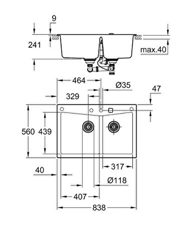 Grohe 700 Kuvars Kompozit Eviye 90 -C 83,8 / 55,9, Granit Siyah Rengi - 31657AP0