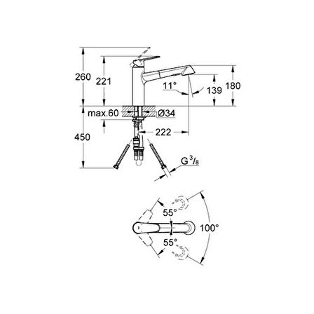 Grohe Eviye Bataryası Spiralli 2 Fonk. Eurodisc Krom - 32257002