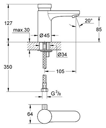 Grohe Eurosmart Cosmopolitan T Zaman Ayarlı Lavabo Bataryası, Çift Su Girişli - 36317000