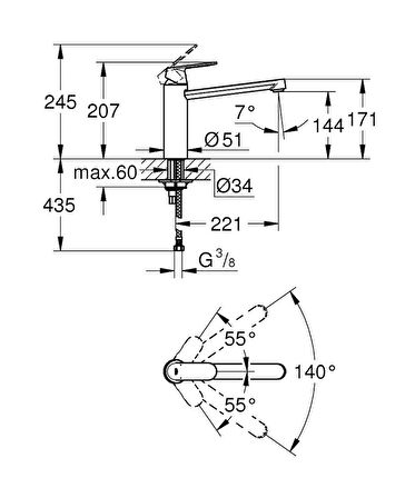 Grohe Eviye Bataryası Döner Borulu  Eurosmart Krom - 30193000