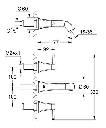 Grohe Grandera 3 Delikli Duvardan Lavabo Bataryası - 20414IG0