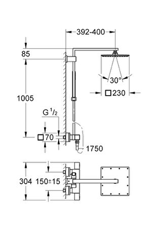 Grohe Euphoria Cube Sistem 230 Duvara Monte Termostatik Duş Bataryalı Duş Sistemi - 26087000