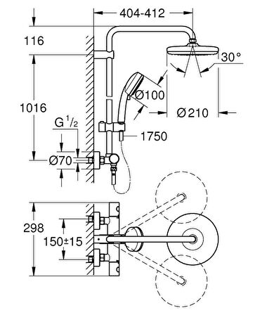 Grohe Tempesta Cosmo. System 210 Duvara Monte Termostatik Bataryalı Duş Sistemi-27922001