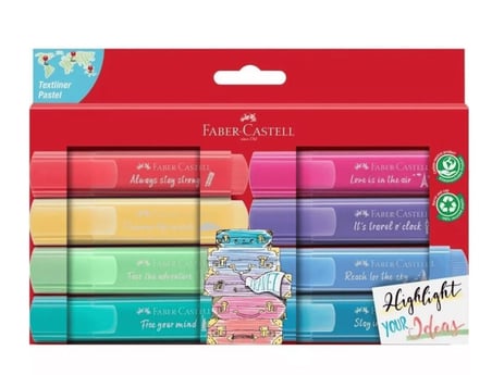 Faber Castell 46 Pastel Fosforlu Kalem Seti (8 Renk) ve 1425 Renkli Tükenmez Kalem 10'lu İkisi Birarada Set