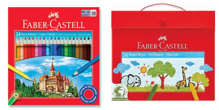 Faber Castell Okul Boyama Seti  24 Renk Kuru Boya ve 24 Renk Plastik Çantalı Pastel Boya
