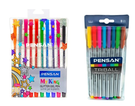Pensan Renkli Yazım Çizim Seti Triball 8 Adet Renkli Tükenmez ve My King 10 Adet Renkli Simli Jel Kalem İkili Paket