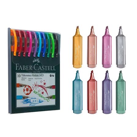 Faber-Castell 1425 Tükenmez Ailesi 10'lu + Faber-Castell Metalik Fosforlu Kalem 8 Adet