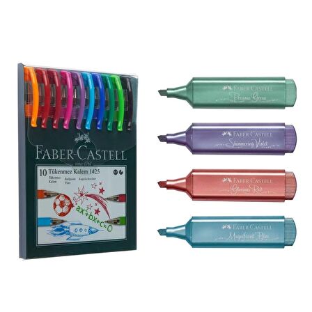 Faber-Castell 1425 Tükenmez Ailesi 10'lu + Faber-Castell Metalik Fosforlu Kalem 4 Adet