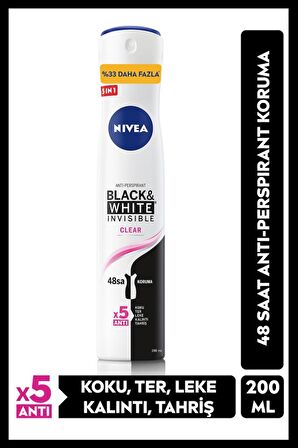 NIVEA Kadın Sprey Deodorant Black&White Invisible Clear 48 Saat Anti-perspirant Koruma 200ml, Ekonomik Boy 