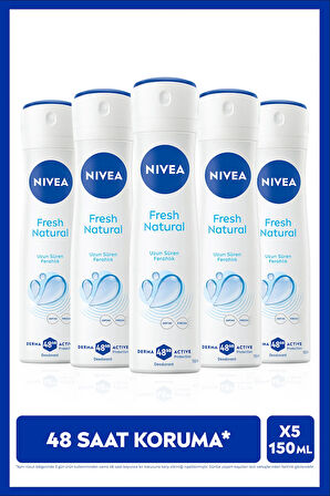 Kadın Sprey Deodorant Fresh Natural 150ml, Ter Kokusuna Karşı 48 Saat Koruma, Ferahlık, X5 Adet