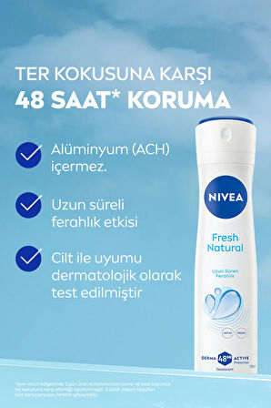 Kadın Sprey Deodorant Fresh Natural 150ml, Ter Kokusuna Karşı 48 Saat Koruma, Ferahlık, X5 Adet