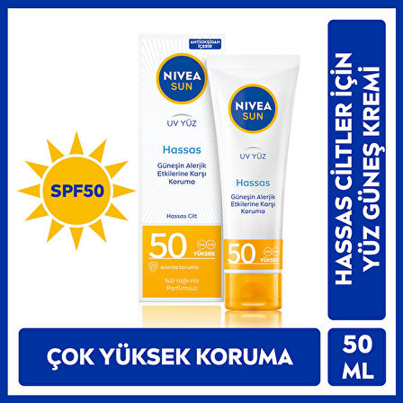 NIVEA Sun SPF50 Hassas Yatıştıran Nemlendirici Yüz Güneş Kremi 50 ml,Çok Yüksek Güneş Koruması