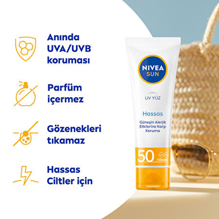 NIVEA Sun SPF50 Hassas Yatıştıran Nemlendirici Yüz Güneş Kremi 50 ml,Çok Yüksek Güneş Koruması