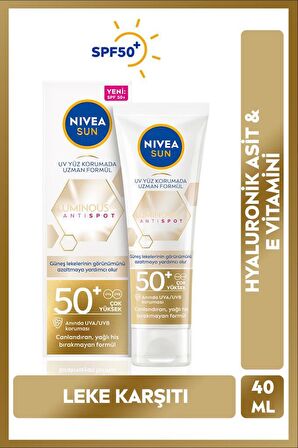 Luminous630 Leke Karşıtı Güneş Koruyucu Yüz Kremi 40ml, SPF50, Hyalüronik Asit, E Vitamini, UVA/UVB