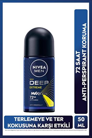 Nivea MEN Erkek Roll-on Deodorant Deep Extreme 50ml, 72 Saat Anti-perspirant Ter Koruma, Yeni Enerjik Koku