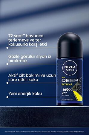 Nivea MEN Erkek Roll-on Deodorant Deep Extreme 50ml, 72 Saat Anti-perspirant Ter Koruma, Yeni Enerjik Koku