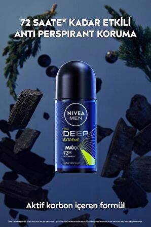 Nivea MEN Erkek Roll-on Deodorant Deep Extreme 50ml, 72 Saat Anti-perspirant Ter Koruma, Yeni Enerjik Koku