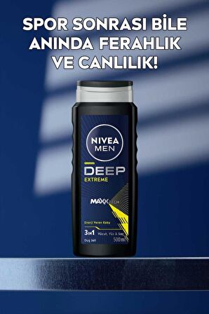 Nivea MEN Erkek Deep Extreme Duş Jeli 500ml, 3'ü 1 Arada Komple Bakım, Vücut, Saç ve Yüz Için, Ferahlık