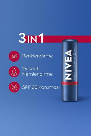 Renkli Dudak Bakım Kremi,Kırmızı,4,8gr,Nemlendirme,SPF30,Doğal Yağlar,E Vitamini,Dudak ve Yanak İçin