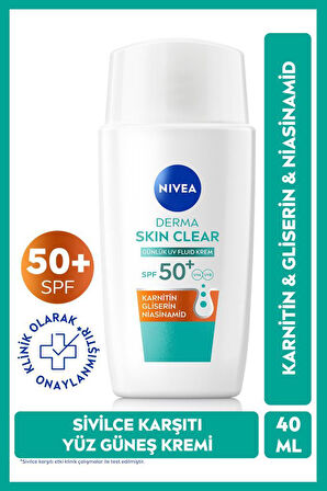 SPF50 Derma Skin Clear Sivilce Karşıtı Yüz Kremi 40 ml, Matlaştırıcı, Karnitin, Gliserin,Niasinamid 