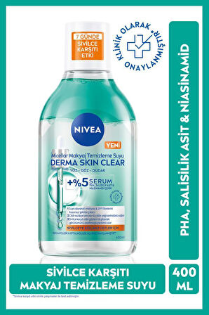 Micellar Makyaj Temizleme Suyu Derma Skin Clear 400 ml, Sivilce Karşıtı,Niasinamid,Salisilik Asit,PHA