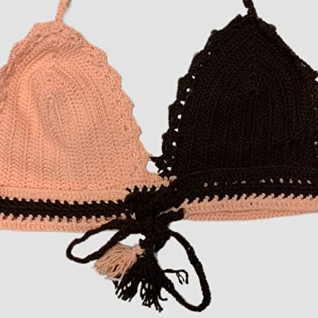 Uretti - ASLI 5776 - El Yapımı Pembe - Kahverengi Crop Top
