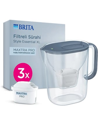BRITA Style Essential XL 3 x MAXTRA PRO Pure Performance Filtreli Su Arıtma Sürahisi – Taş Mavisi (3,6L)