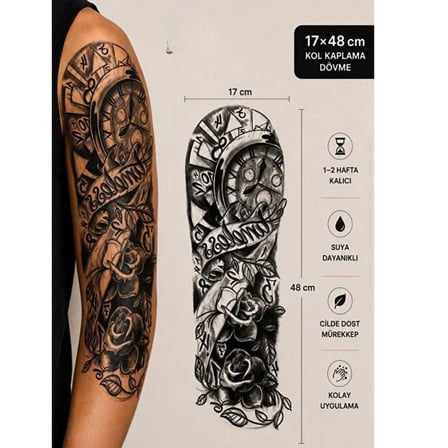 Büyük Boy Geçici Kol Kaplama Dövme - Saat ve Gül Desenli Suya Dayanıklı Tattoo
