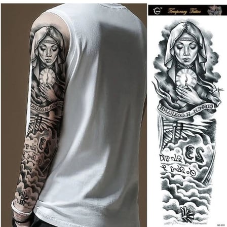 Kolu Kaplayan Büyük Boy Geçici Dövme - Ağlayan Rahibe ve Mum Figürlü Su Geçirmez Tattoo Sticker