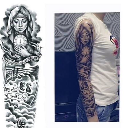 Kolu Kaplayan Büyük Boy Geçici Dövme - Ağlayan Rahibe ve Mum Figürlü Su Geçirmez Tattoo Sticker