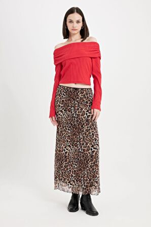 DeFacto Fitted Vücuda Oturan Omuzu Açık Fitilli Kaşkorse Kırmızı Uzun Kollu Tişört D4755AX24AURD54