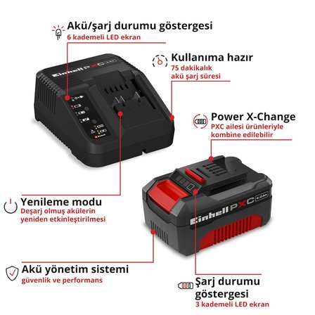 Orijinal Einhell Akü ve Şarj Cihazı Başlangıç Kiti Power X-Change (Akü, Li-Ion, 18 V, 4.0 Ah Akü ve Hızlı Şarj Cihazı,  Tüm Power X-Change cihazları ile uyumlu) - 4512042