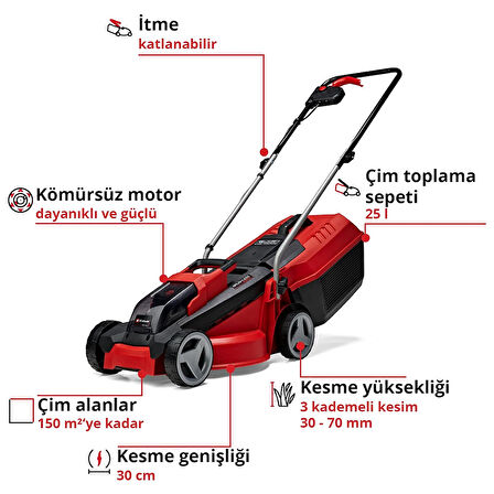 Einhell GE-CM 18/30 Li (1x3,0 Ah), Akülü Çim Biçme Makinesi