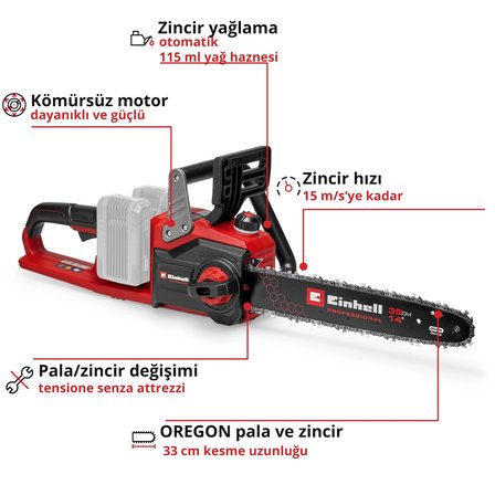 Einhell Professional Akülü Zincirli Testere GP-LC 36/35 Li-Solo Power X-Change (Li-Ion, 36 V, 33 cm kesim uzunluğu, 15 m/s kesim hızı, kömürsüz motor, akü ve şarj cihazı dahil değildir) - 4501780