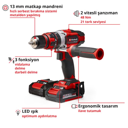 Einhell Akülü Darbeli Vidalama TE-CD 18/48 Li-i Set 4513935 | 2x 2.0 Ah akü ve şarj cihazı | 48 Nm
