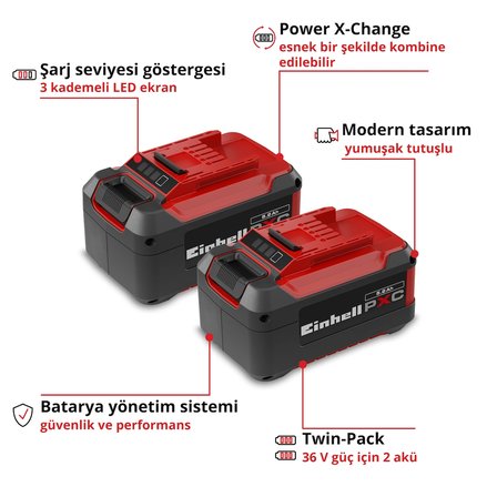 Einhell PXC Twinpack 5.2 Ah Power X-Change Akü (Li-Ion, 18 V, 2 x 5.2 Ah, Tüm Power X-Change cihazları ile uyumlu, Aktif Akü Yönetim Sistemi, Özel Şarj Döngüleri) - 4511526