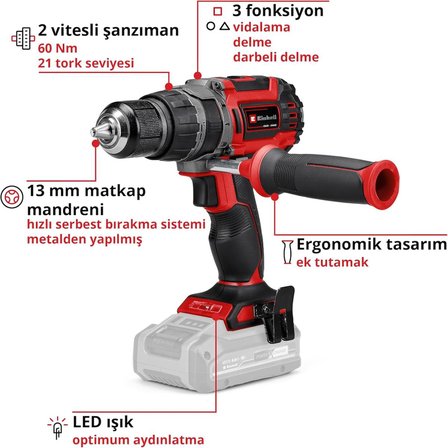 Einhell TP-CD 18/60 Li-i BL Tek Akülü 2.5 Ah Darbeli Matkap
