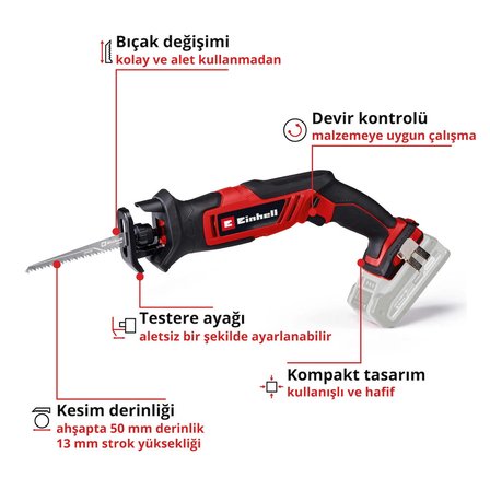 Einhell Akülü Kılıç Testere TE-AP 18/13 Li-Solo Power X-Change (18 V, 13 mm strok uzunluğu, ahşapta 50 mm kesme derinliği, kompakt tasarım, aksesuarlar dahil, akü dahil değildir) - 4326315