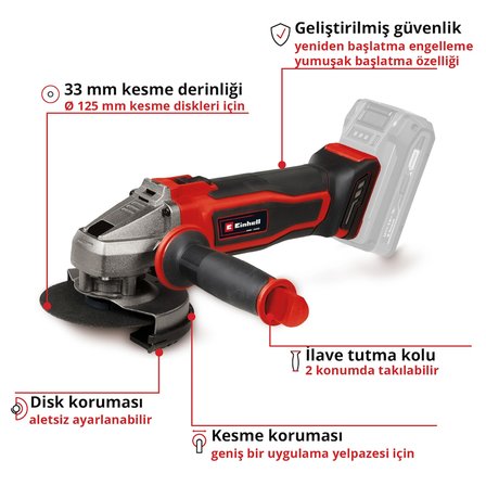 Einhell Akülü Avuç Taşlama TE-AG 18/125-2 Li-Solo Power X-Change (18 V, 125 mm disk çapı, 33 mm kesme derinliği, softstart, kesme koruması, kesme diski ve akü dahil değildir) - 4431168