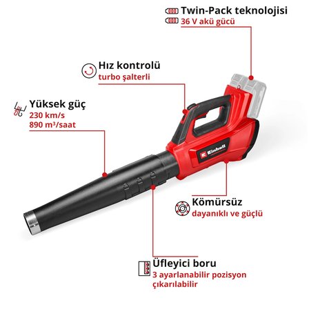 Einhell Profesyonel GP-LB 36/230 Li E BL-Solo Power X-Change Akülü Yaprak Üfleme (36 V, 230 km/h hava hızı, Kömürsüz, hız kontrolü, 3 parçalı boru, akü dahil değildir) - 3433650